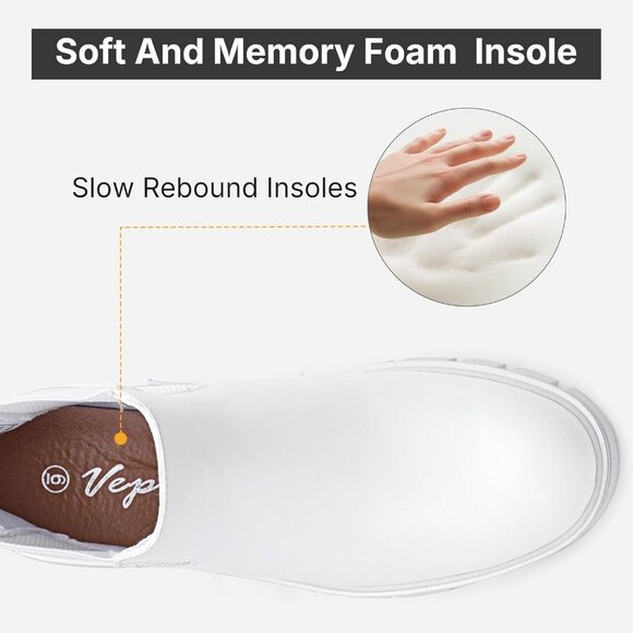 Vepose Women's White Faux Chelsea Leather Lug Sole Elastic Slip on Ankle Booties - Picture 4 of 9